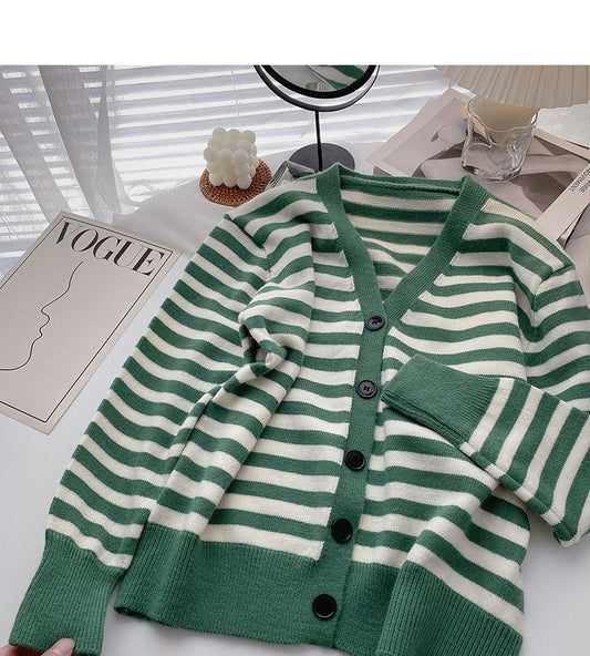 Cardigan tricoté à manches longues vintage à rayures et col en V, haut décontracté 6634