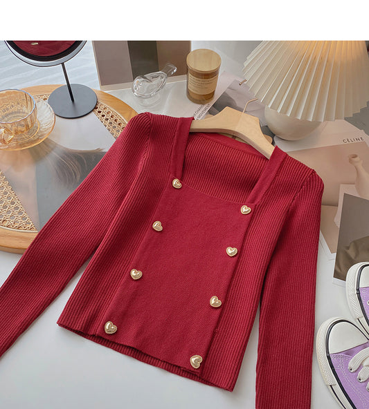 Vintage-Langarmpullover mit eckigem Ausschnitt 6533