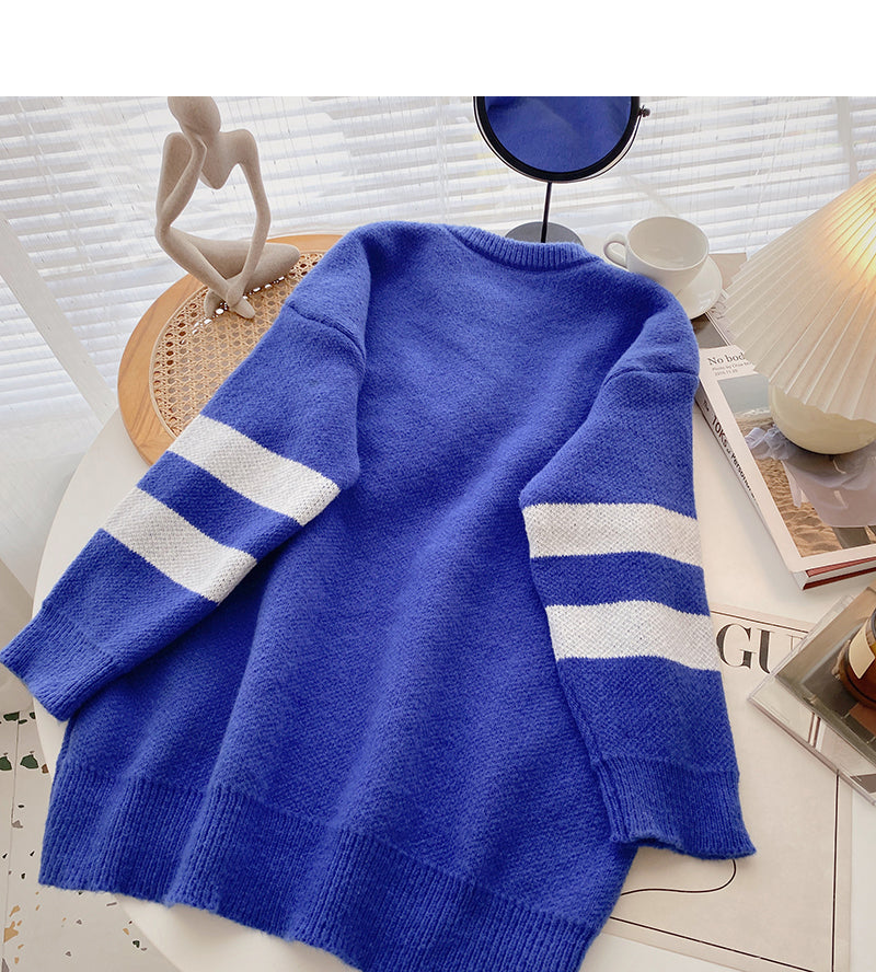 Flocked letter contrast design sweater  6080