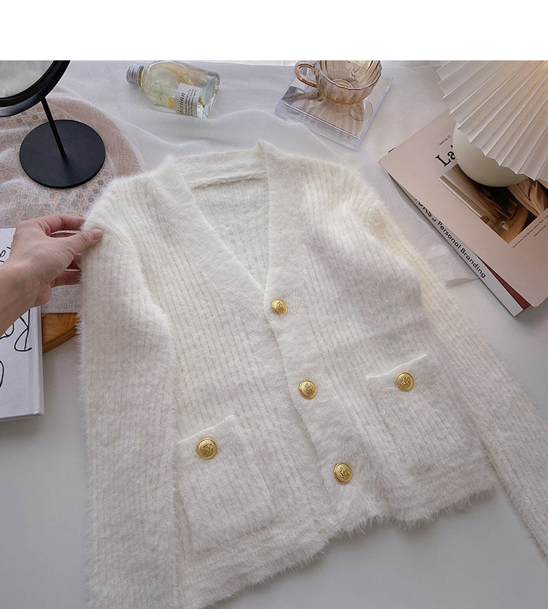 Mohair sweater cardigan gentle V-Neck long sleeve top  6106