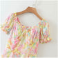 Vintage square neck bubble sleeve lace up gradient Floral Dress  7083