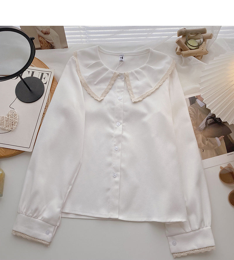 Korean version of exotic age reducing lace doll neck long sleeve versatile top  6353