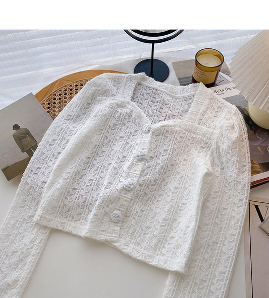 French small square collar lace shirt long sleeve short top fashion  6362