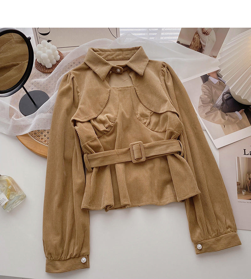 Careful machine cut-out stitched long sleeve top with belt  6352