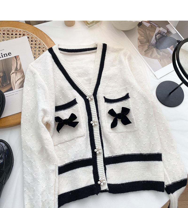 Small fragrance retro nail bead color matching V-neck bow top  6034