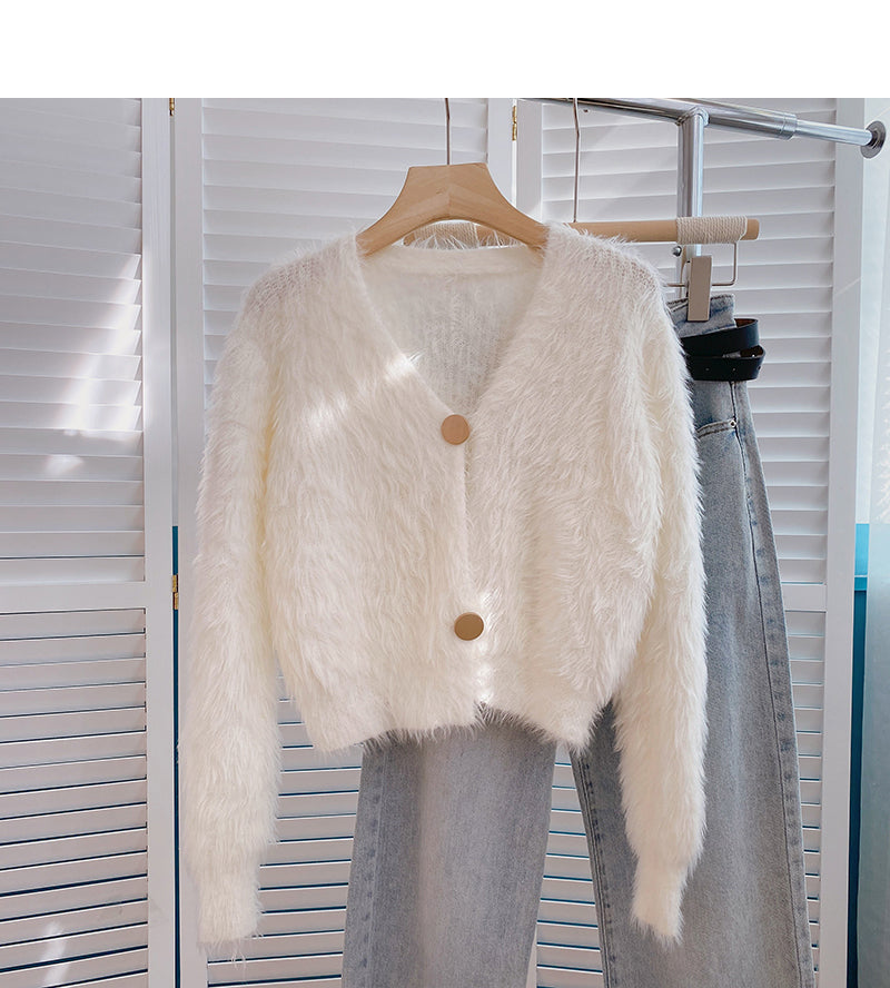 Mohair sweater gentle temperament solid V-neck short long sleeve  6138