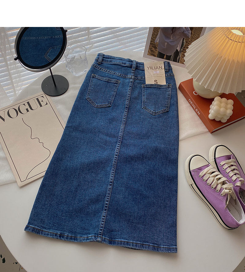 Hong Kong style retro fashion split high waist A-shaped medium and long skirt  5706