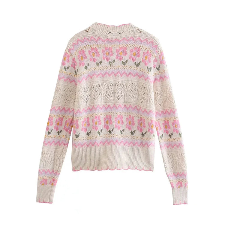 New sweet hollow flower jacquard V-neck knitted coat sweater  7373