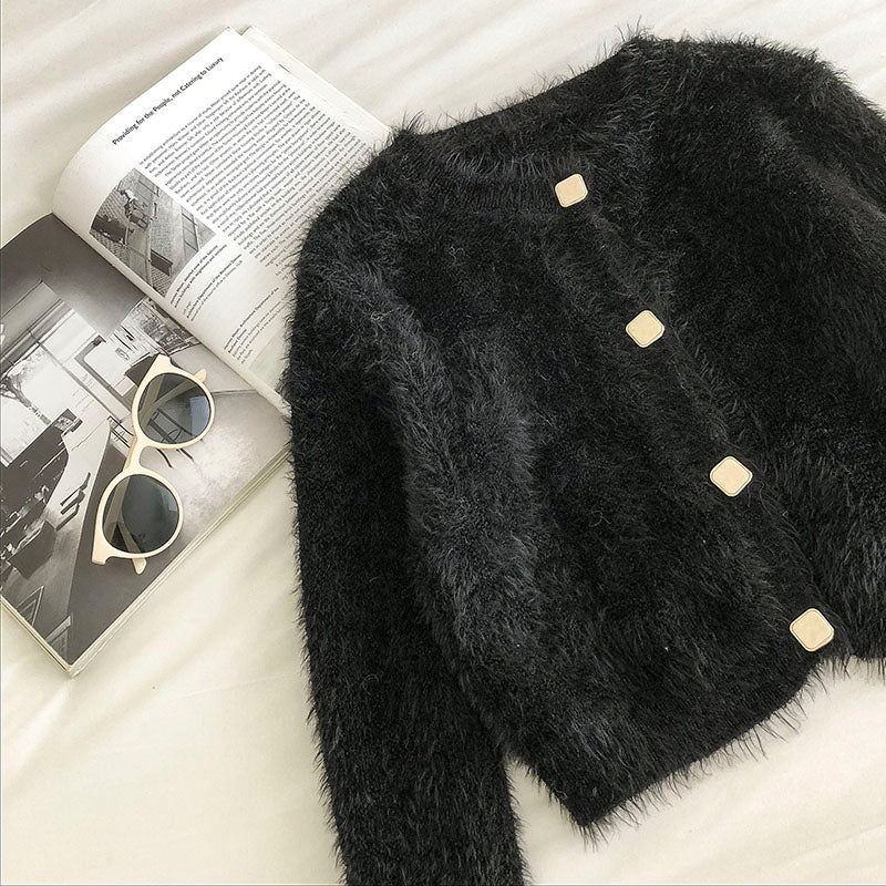 Solid color crew neck retro long sleeve short knit cardigan women  5837