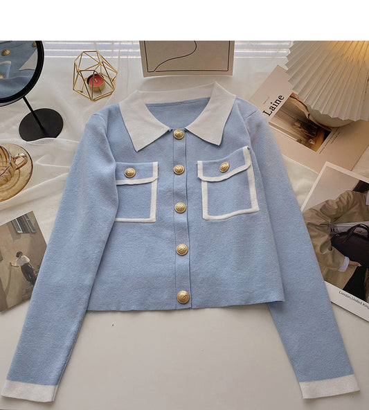 Strick-Cardigan mit langen Ärmeln in Kontrastfarbe 6584
