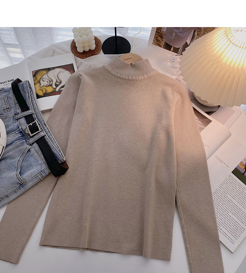 Solid color simple and versatile stand collar Pullover long sleeve Knitted Top  6655