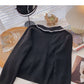 Niche design retro color blocking wave edge Lapel long sleeve top  6587