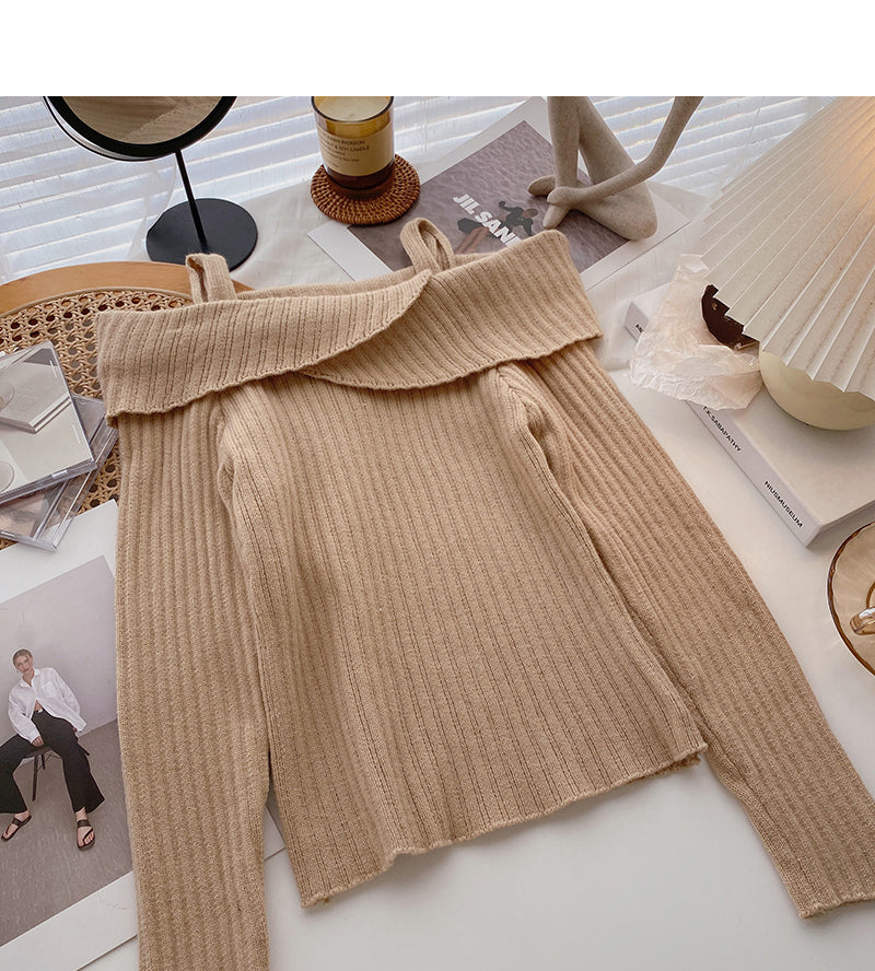 Straight neck irregular thin suspender long sleeve sweater  6444