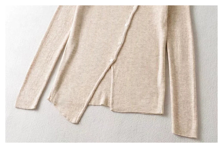 V-neck button irregular slim long sleeved sweater  7465