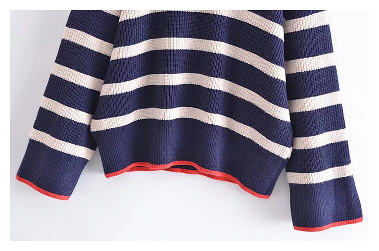 Loose Vintage high neck contrast striped sweater sweater sweater  7347