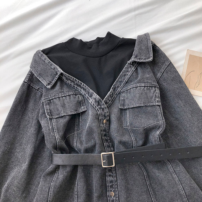 Mittellanges und langes Denim-Hemd mit Stehkragen im Hongkong-Stil, modisch genäht, 6248