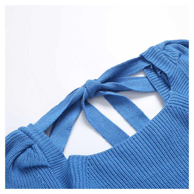 Vintage square neck bow tie lace up bubble sleeve T-shirt  7292