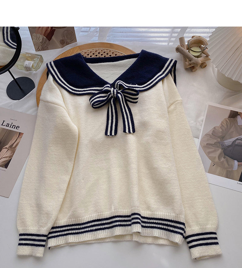 Contrast lace up Navy neck sweater female  6075