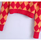 Fashion aging diamond check color blocking knitted short sweater  7521