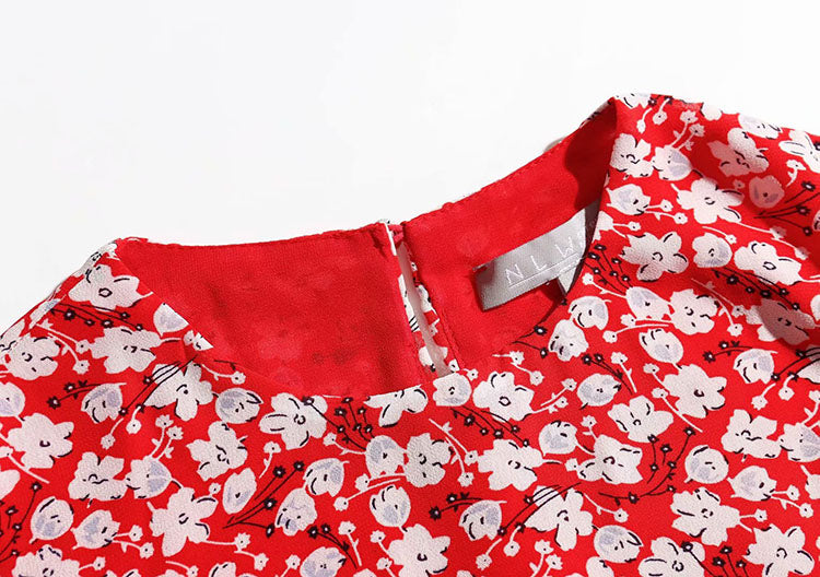 French gentle and elegant retro floral bubble sleeve dress  7065