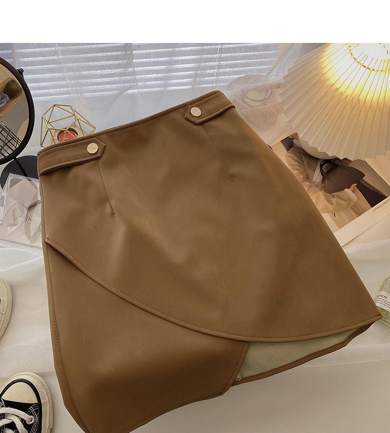 Irregular design, slim hips, high waist A-shaped small leather skirt  5521