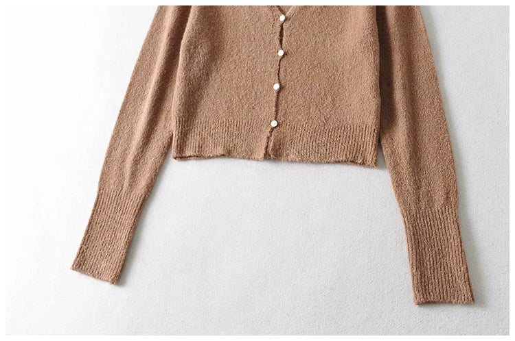 V-neck waist with exposed navel and long sleeve knitted cardigan  7229