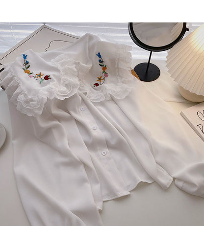 Korean girls' sense of foreign style lace doll neck top  6265
