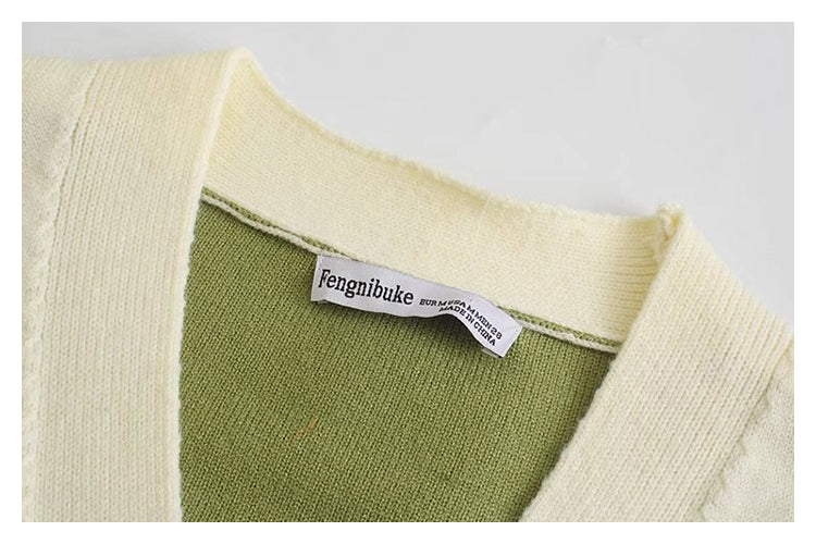 V-neck contrast color design knitted cardigan loose lazy coat sweater  7418