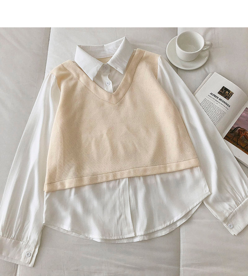Design sense stitching fake two thin sweaters  6450