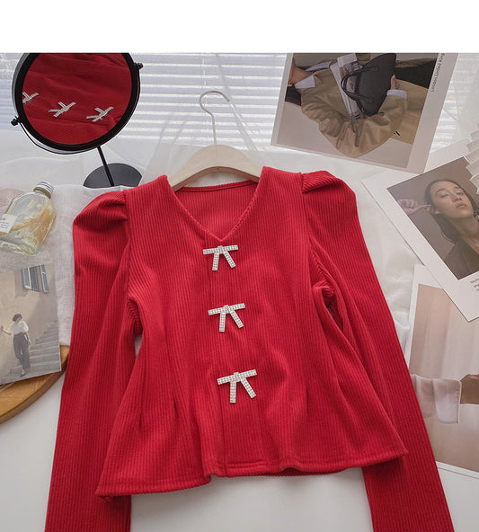 Pull col V vintage avec nœud et haut slim à manches longues 6622