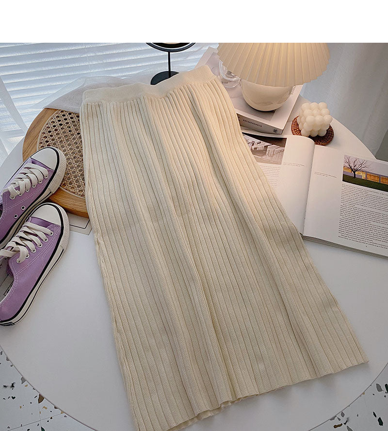 Simple solid color high waist knitted thread A-line skirt  5750
