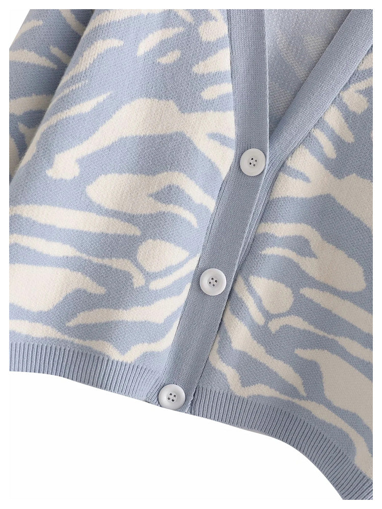 Versatile animal jacquard V-Neck long sleeve loose knit cardigan coat  7247