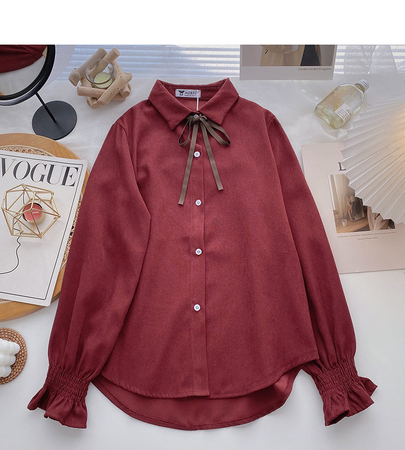 Collegiate lace up Lapel shirt casual long sleeve top  6356