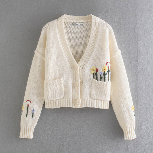 Manteau tricoté en jacquard fleuri à manches longues et col en V 7201