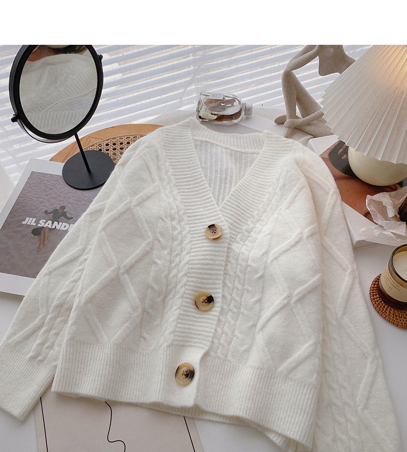 Single breasted Vintage loose V-Neck Sweater Coat  6171
