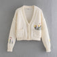 French Sweet V-Neck Langarm Blumen Jacquard Pullover Strickmantel 7355