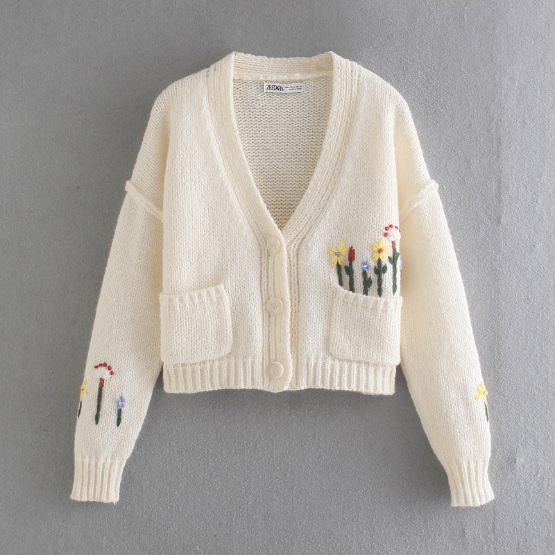 French Sweet V-Neck Langarm Blumen Jacquard Pullover Strickmantel 7355