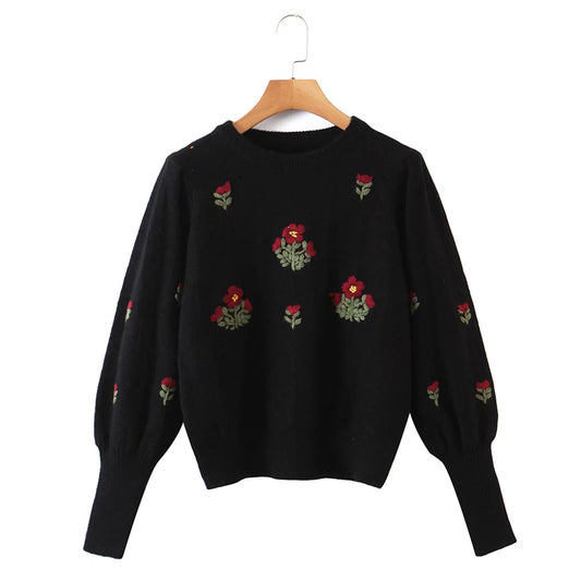 Rundhalspullover mit Blumenmuster, lockerer Langarmpullover 7169