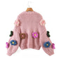 Three dimensional flower thick stick needle knitted cardigan  7374