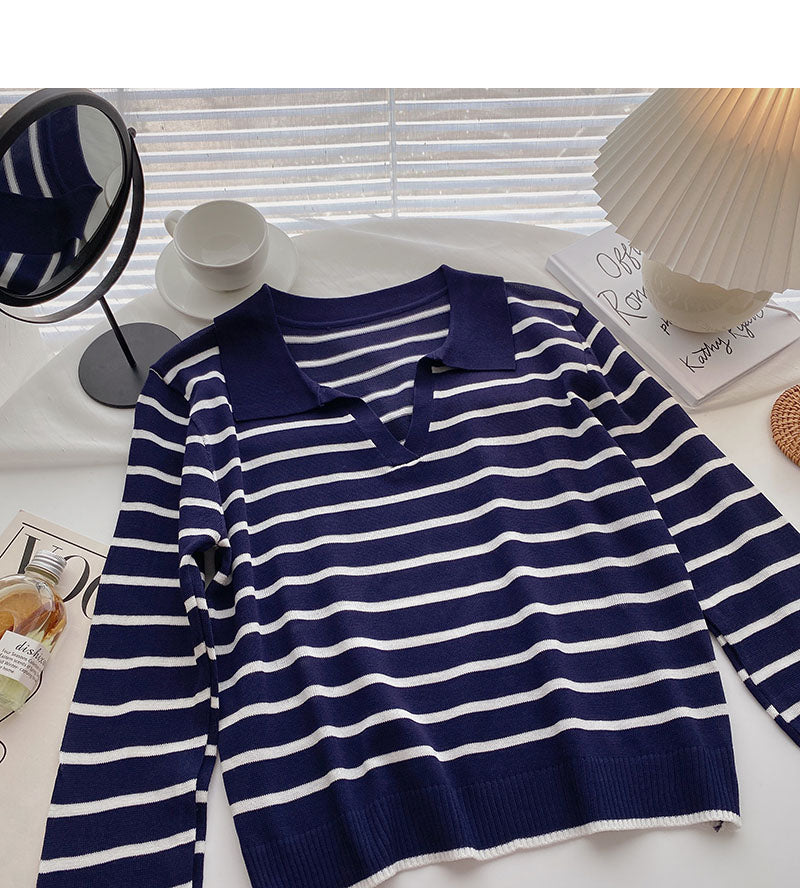 Langarm-Revers-Pullover mit lockeren Streifen 6452