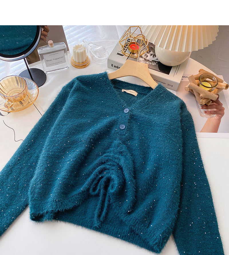 Korean fashionable temperament drawstring slim long sleeve top  6056