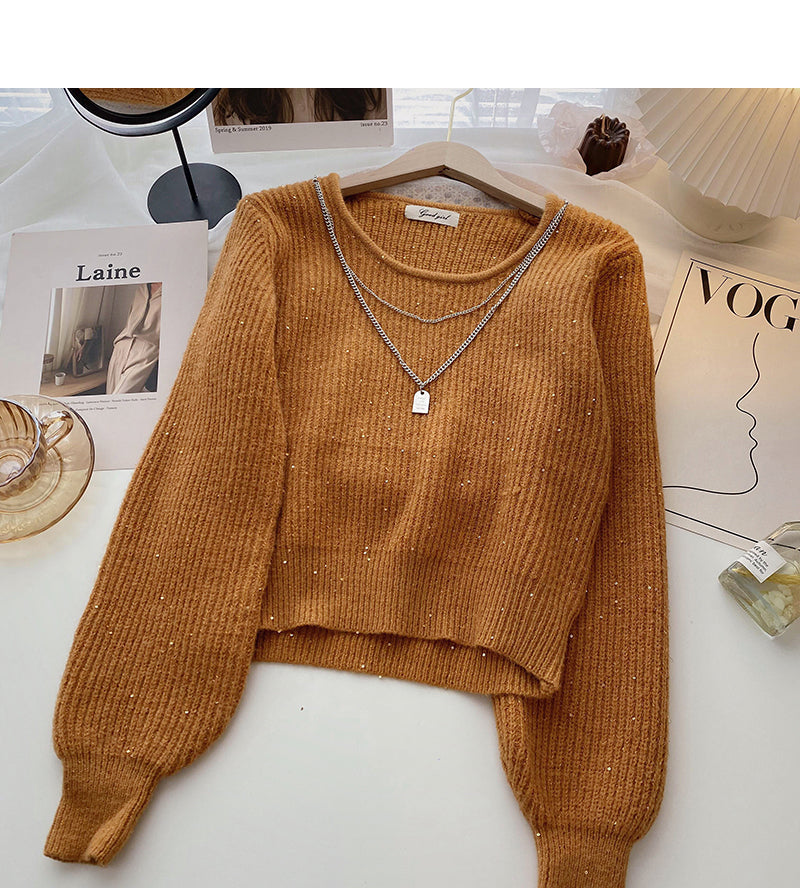 Vintage design chain round neck Pullover long sleeve Sequin Knitted Top  6010
