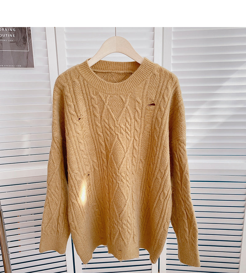 Twist solid color knitted sweater personalized hollow hole top  6087