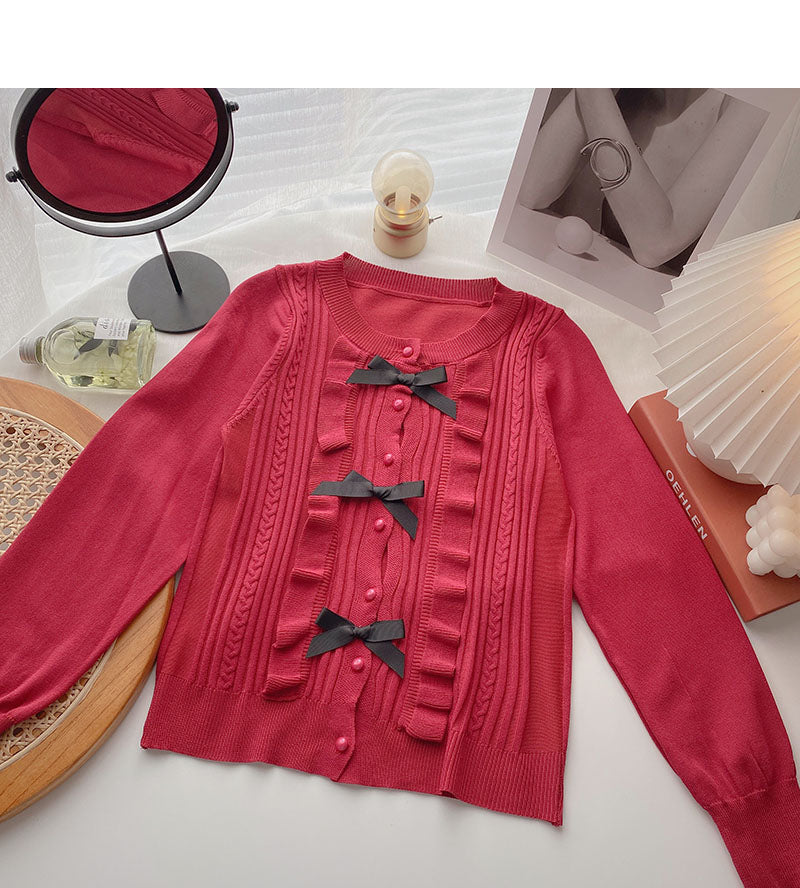Cardigan tricoté vintage à col en T et nœud 6494