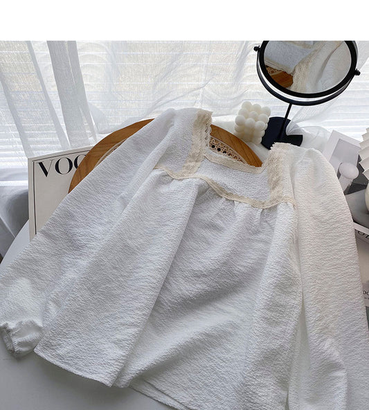 Chemise fine à col carré et bordure en dentelle vintage au design sensuel 6274