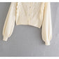 Vintage hollow out crew neck Ruffle button knit cardigan sweater  7366