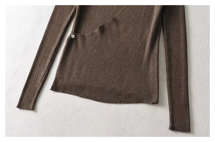 Design sense irregular round neck slim fit pure color versatile knitted cardigan  7367