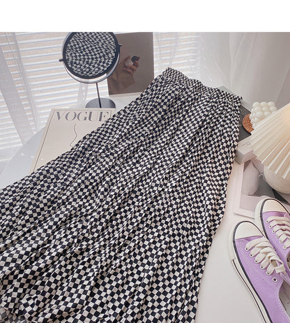 Irregular plaid skirt women's slim high waist elastic A-shaped long skirt  5807