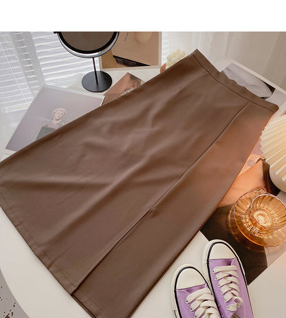 Hong Kong style retro solid color split high waist A-line skirt  5828