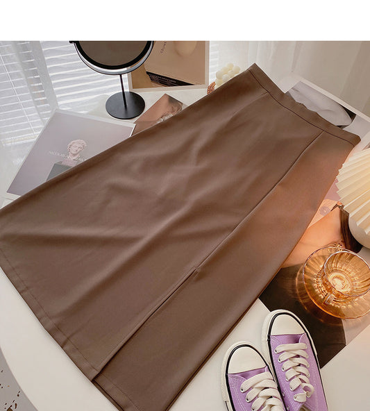 Hong Kong style retro solid color split high waist A-line skirt  5828